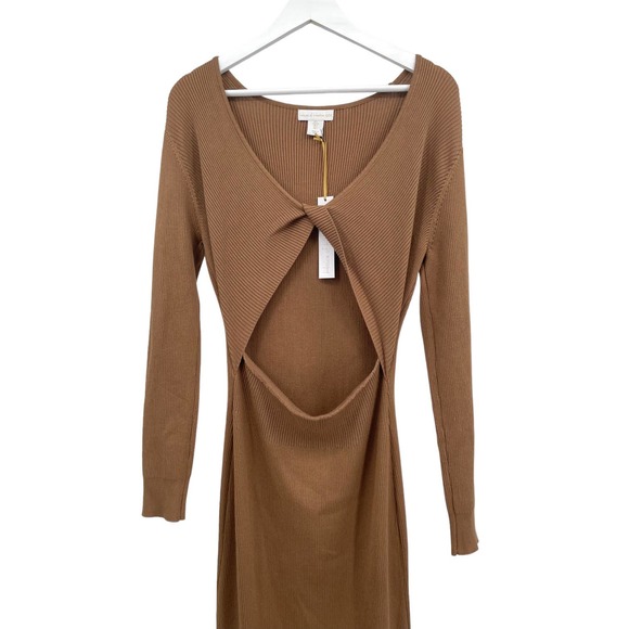 House of Harlow 1960 Long Sleeve Twist Front Ribbed Fitted Midi Dress Size Large - Picture 2 of 12